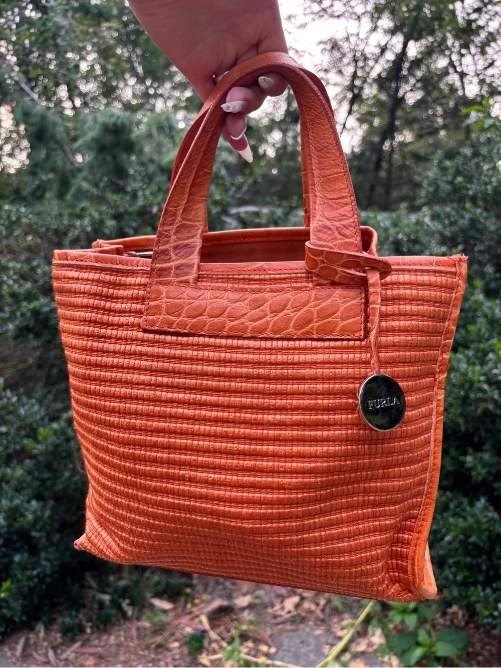 Furla Wicker Croc Embossed Tote Bag